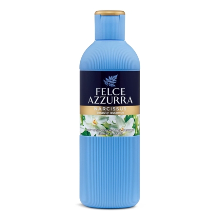 Le flacon bleu de Felce Azzurra Gel Douche Ambre et Argan 650 ml (Copie) présente une texture nervurée, un bouchon bleu et or et une étiquette avec des fleurs blanches et des accents dorés, évoquant l'élégance. Dakar