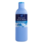 Le flacon bleu de Felce Azzurra Gel Douche Parfum Ambre et Jasmin 650 ml (Copie) présente une étiquette florale et un texte blanc sur fond bleu foncé. Dakar