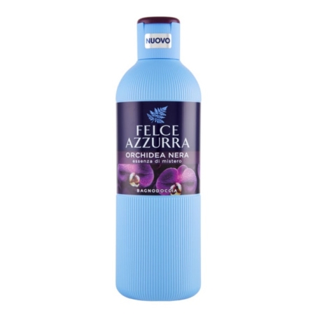 Un flacon bleu de Felce Azzurra Gel Douche Parfum Musc Blanc 650 ml (Copie) comporte une étiquette violette avec des motifs de fleurs d'orchidées et un texte en italien. Dakar