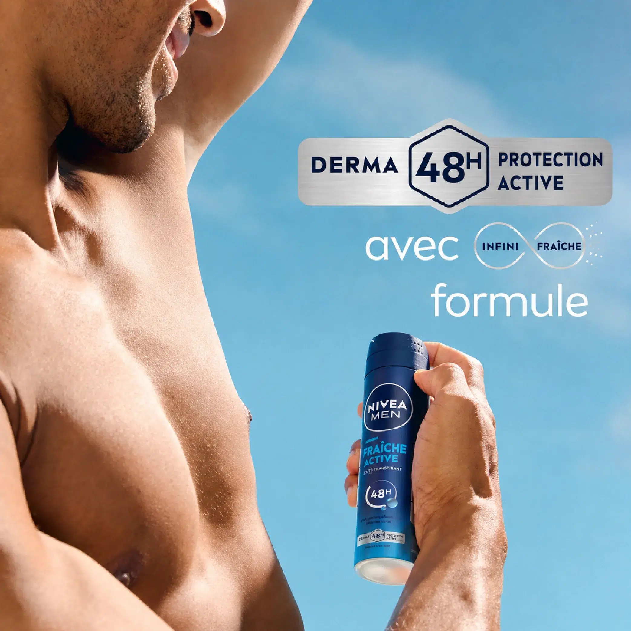gamme nivea deodorant Un homme torse nu applique le spray déodorant Nivea Men Fraîche Active sur son aisselle. Le texte souligne "DERMA 48H PROTECTION ACTIVE" et "avec formule infini fraîche". Découvrez la fraîcheur avec Univers Cosmetix. Dakar