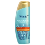 Un flacon bleu et or de shampooing DermaxPro by Head & Shoulders, étiqueté " Expert Cuir Chevelu ", avec " Revitalise " en rouge et un texte en français et en néerlandais. Le fond du flacon est orné d'un motif de feuille. Dakar