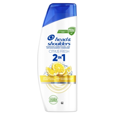 Head & Shoulders Citrus Fresh 2 en 1 Shampooing et Après Shampooing Antipelliculaire 300 ml, avec un bouchon bleu et une étiquette montrant des citrons tranchés et des éclaboussures d'eau. Dakar