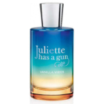 Flacon de parfum en verre avec un motif dégradé allant du bleu en haut à l'orange en bas. L'étiquette indique "Juliette has a gun" et "VANILLA VIBES" en texte blanc, avec un bouchon argenté sur le dessus. Dakar