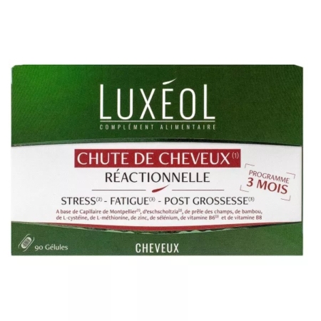 Une boîte verte et blanche de complément alimentaire Luxéol pour les cheveux, étiqueté "Chute de Cheveux Réactionnelle" pour un programme de 3 mois, contenant 90 gélules, ciblant le stress, la fatigue, et la chute de cheveux post-grossesse. Dakar