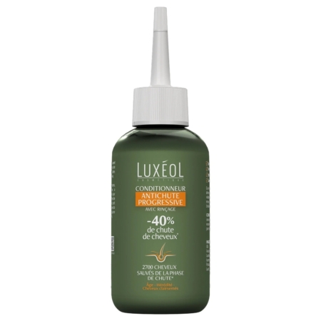 Un flacon vert de l'après-shampoing Luxéol Anti-Chute Progressif avec un bouchon applicateur pointu, étiqueté comme réduisant la chute des cheveux de 40% et sauvant 2700 cheveux, avec un texte en français et des accents dorés sur le devant. Dakar
