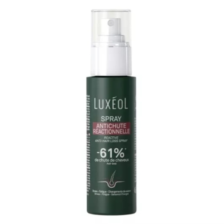Un flacon de Luxéol Spray Antichute Réactionnelle, un spray anti-chute réactif, avec un corps vert foncé, un embout de pulvérisation blanc et un texte soulignant une réduction revendiquée de 61 % de la chute des cheveux. Dakar