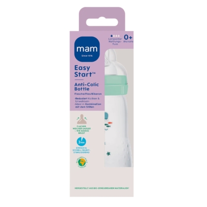 Le produit Mam Biberon Anti Coliques Easy Start Menthe dès la Naissance 260 ml pour bébés (0+ mois) se présente dans un flacon blanc avec des motifs colorés, un bouchon vert, et est emballé dans une boîte violette et blanche de marque allemande. Dakar