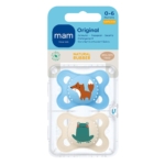 Deux sucettes de la marque MAM pour les bébés de 0 à 6 mois dans leur emballage. Une sucette est bleue avec une illustration de renard, et l'autre est crème avec une illustration de grenouille. Les deux sont en caoutchouc naturel et ne contiennent pas de BPA/BPS. Dakar