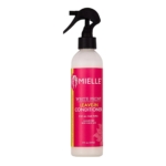 Une bouteille de Mielle White Peony Leave-In Conditioner avec un embout de pulvérisation, portant une étiquette rose et blanche. Le texte indique qu'il convient à tous les types de cheveux, qu'il ne contient pas de sulfate et qu'il est sans danger pour les couleurs. Le flacon contient 240 ml (8 fl oz). Dakar
