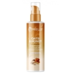 Une bouteille de Mielle Oats & Honey Soothing Leave-In Conditioner avec un distributeur à pompe. L'étiquette est brune et blanche, avec des graphiques d'avoine et de miel et un texte indiquant qu'il est destiné aux cuirs chevelus sensibles. Dakar