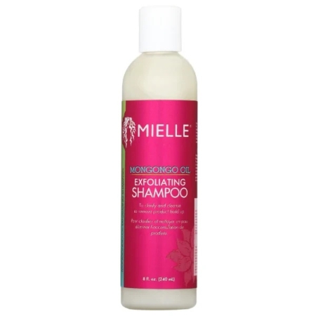 Une bouteille blanche de Mielle Mongongo Oil Exfoliating Shampoo avec une étiquette rose, un bouchon blanc et un texte le décrivant comme un shampooing clarifiant et nettoyant pour les accumulations de produits, format de 8 fl. oz. Dakar