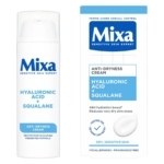 Image présente Mixa Crème Visage Hydratante Jour Peaux Sèches et Sensibles 50 ml pour les peaux sèches et sensibles, dans un emballage blanc et bleu mettant en avant l'acide hyaluronique, le squalane et l'hydratation 48 heures. Dakar