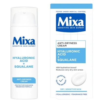 Image présente Mixa Crème Visage Hydratante Jour Peaux Sèches et Sensibles 50 ml pour les peaux sèches et sensibles, dans un emballage blanc et bleu mettant en avant l'acide hyaluronique, le squalane et l'hydratation 48 heures. Dakar