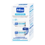 Une boîte blanche de soins pour la peau Mixa Hyaulrogel avec deux pots de crème, étiquetés pour une utilisation de jour et de nuit. L'emballage met l'accent sur l'hydratation des peaux sensibles, sèches et fatiguées. Le texte apparaît en plusieurs langues. Dakar