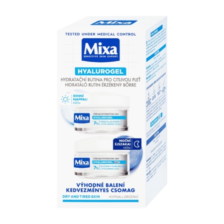Une boîte blanche de soins pour la peau Mixa Hyaulrogel avec deux pots de crème, étiquetés pour une utilisation de jour et de nuit. L'emballage met l'accent sur l'hydratation des peaux sensibles, sèches et fatiguées. Le texte apparaît en plusieurs langues. Dakar