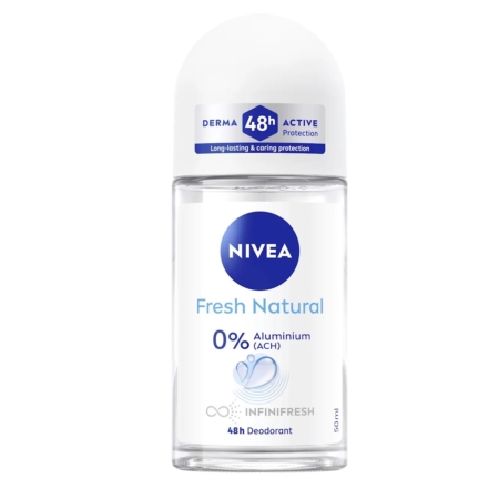 Flacon en verre transparent du déodorant roll-on Nivea Fresh Natural, doté d'un bouchon blanc et d'une étiquette bleue. L'étiquette indique "0% Aluminium (ACH)", "48h de protection" et "DERMA 48h ACTIVE Protection". Dakar