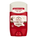 Un bâton rouge et blanc de Old Spice Gentle Man's Déodorant Noix de Coco et Vanille 50 ml avec des notes de noix de coco et de vanille. L'étiquette indique "24/7 Fresh & Care" et "Gentle on Skin", avec des images de noix de coco et de vanille sur le devant. Dakar
