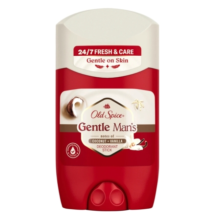 Un bâton rouge et blanc de Old Spice Gentle Man's Déodorant Noix de Coco et Vanille 50 ml avec des notes de noix de coco et de vanille. L'étiquette indique "24/7 Fresh & Care" et "Gentle on Skin", avec des images de noix de coco et de vanille sur le devant. Dakar