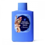 Bouteille de Felce Azzurra Talco Classico à côtes bleues, portant une étiquette avec un bébé souriant tenant une serviette rose et portant un nœud rose sur la tête. Dakar