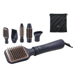 Un ensemble d'outils de coiffure avec cinq accessoires interchangeables, un manche principal avec des commandes et une pochette de rangement noire de la marque Philips, le tout présenté sur un fond blanc. Dakar