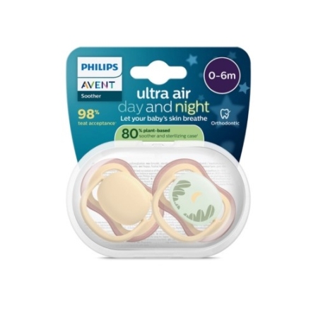 Le lot de 2 tétines Ultra Air multicolores Philips Avent pour bébés de 0 à 6 mois, jour et nuit, comprend deux tétines aux couleurs pastel présentées dans un étui transparent, conçues pour assurer le confort de bébé jour et nuit, le tout dans un emballage orné d'étoiles bleues. Dakar