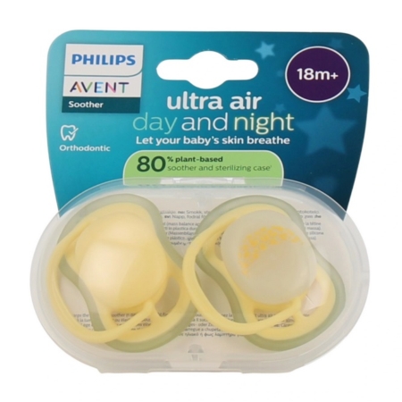 Sucettes Philips Avent Ultra Air Jour et Nuit, 18m+, 80% d'origine végétale, avec étui de stérilisation. Dakar