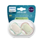 Sucette Philips Avent ultra air pour les 6-18 mois en vert et crème, emballée dans un étui transparent ; l'emballage met en évidence 98 % de tétines acceptées et 80 % de matériaux d'origine végétale. Dakar