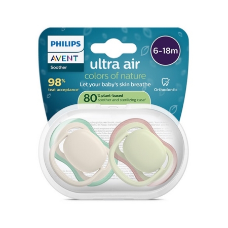 Sucette Philips Avent ultra air pour les 6-18 mois en vert et crème, emballée dans un étui transparent ; l'emballage met en évidence 98 % de tétines acceptées et 80 % de matériaux d'origine végétale. Dakar