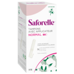 Une boîte de tampons Saforelle avec applicateur de taille "normale". L'emballage est principalement blanc avec des accents roses et verts, présente des motifs floraux et contient 16 tampons en coton biologique. Le texte est en français. Dakar