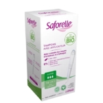 Boîte de tampons Saforelle avec applicateur, étiquetée "en coton BIO", contenant 14 tampons super absorbants. L'emballage met en évidence les caractéristiques hypoallergéniques, sans produits chimiques et à base de plantes en français. Dakar