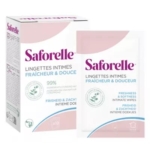 Boîte et sachet de Lingettes Intimes Saforelle, lingettes intimes pour la fraîcheur et la douceur, avec emballage rose et blanc et texte bleu, étiquetées comme étant composées à 99% d'ingrédients d'origine naturelle. Dakar