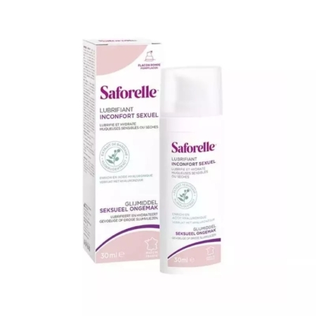 Une boîte et un flacon de Saforelle Lubrifiant Inconfort Sexuel, un lubrifiant intime de 30 ml pour les muqueuses sensibles ou sèches, présentés dans un emballage blanc et rose avec un texte en plusieurs langues. Dakar