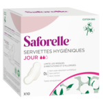 Boîte de serviettes hygiéniques Saforelle à usage quotidien, avec des accents roses et verts, une illustration d'une serviette et un graphique de plante de coton. Le texte en français met en avant des caractéristiques telles que l'hypoallergénicité et le coton biologique. Contient 10 serviettes hygiéniques. Dakar