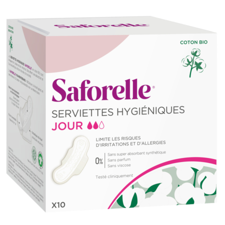 Boîte de serviettes hygiéniques Saforelle à usage quotidien, avec des accents roses et verts, une illustration d'une serviette et un graphique de plante de coton. Le texte en français met en avant des caractéristiques telles que l'hypoallergénicité et le coton biologique. Contient 10 serviettes hygiéniques. Dakar