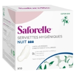 Boîte de serviettes hygiéniques de nuit Saforelle, contenant 10 serviettes. L'emballage présente un motif blanc et rose avec l'illustration d'une plante de coton et met en avant le "Coton Bio" et les revendications de non parfum et d'hypoallergénicité. Dakar