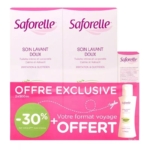 Deux boîtes de Saforelle Soin Lavant Doux et un flacon de voyage sont présentés au-dessus d'un bandeau rose indiquant "OFFRE EXCLUSIVE -30% sur votre 2ème soin intime + format voyage offert". Dakar