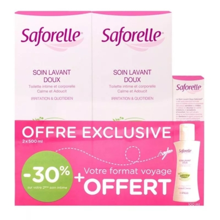 Deux boîtes de Saforelle Soin Lavant Doux et un flacon de voyage sont présentés au-dessus d'un bandeau rose indiquant "OFFRE EXCLUSIVE -30% sur votre 2ème soin intime + format voyage offert". Dakar