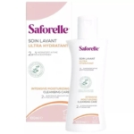Un flacon blanc de 100 ml de Saforelle Soin Lavant Ultra Hydratant se trouve devant sa boîte d'emballage. L'étiquette met en avant ses propriétés 2 en 1 d'hydratation intensive et de nettoyage intime. Dakar