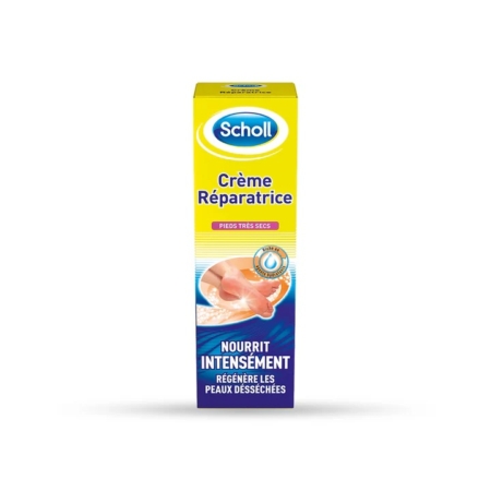 Vue frontale d'une boîte de Crème Réparatrice Scholl pour les pieds très secs, montrant une image de pied, un emballage bleu et jaune, et un texte promouvant une nutrition et une régénération intenses pour la peau sèche. Dakar