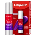 Un booster de blanchiment des dents Colgate Max White Purple Serum est présenté dans un flacon argenté et rouge brillant, placé à côté de sa boîte d'emballage rouge avec les détails du produit et un graphique de sérum violet. Dakar