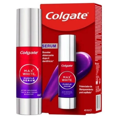 Un booster de blanchiment des dents Colgate Max White Purple Serum est présenté dans un flacon argenté et rouge brillant, placé à côté de sa boîte d'emballage rouge avec les détails du produit et un graphique de sérum violet. Dakar
