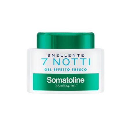 Un pot blanc et vert de Somatoline Cosmetic Amincissant 7 Nuits Gel Traitement Ultra Intensif Effet Fraîcheur 250 ml est représenté sur un fond blanc. Dakar