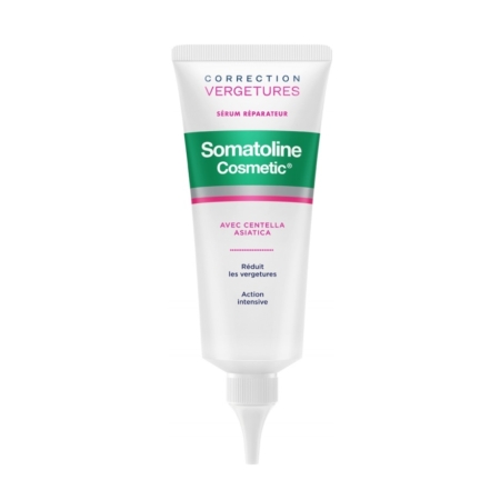 Somatoline Cosmetic Correction Vergetures Sérum Réparateur 100 ml se présente sous la forme d'un tube blanc et vert avec un applicateur pointu, des accents roses et verts, et contient de la centella asiatica pour aider à réduire les vergetures. Dakar