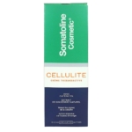 Une boîte de 250 ml de Somatoline Cosmetic Crème Thermoactive Anti Cellulite Incrustée 15 jours, avec un emballage vert et bleu, un texte blanc et orange, et des détails en français soulignant ses ingrédients et ses avantages. Dakar