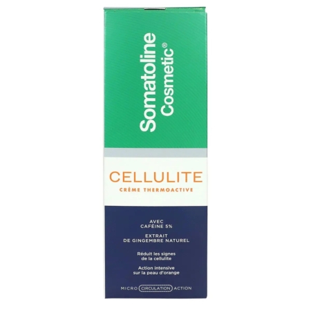 Une boîte de 250 ml de Somatoline Cosmetic Crème Thermoactive Anti Cellulite Incrustée 15 jours, avec un emballage vert et bleu, un texte blanc et orange, et des détails en français soulignant ses ingrédients et ses avantages. Dakar