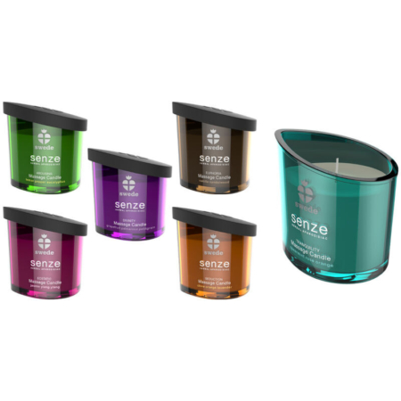 Six bougies suédoises Senze Bougie de Massage Aphrodisiaque 50 ml dans des bocaux en verre sont présentées : cinq avec des couvercles noirs (vert, violet, orange, marron, rose) et une bougie turquoise plus grande sans couvercle à droite. Tous les pots sont étiquetés "Senze". Dakar