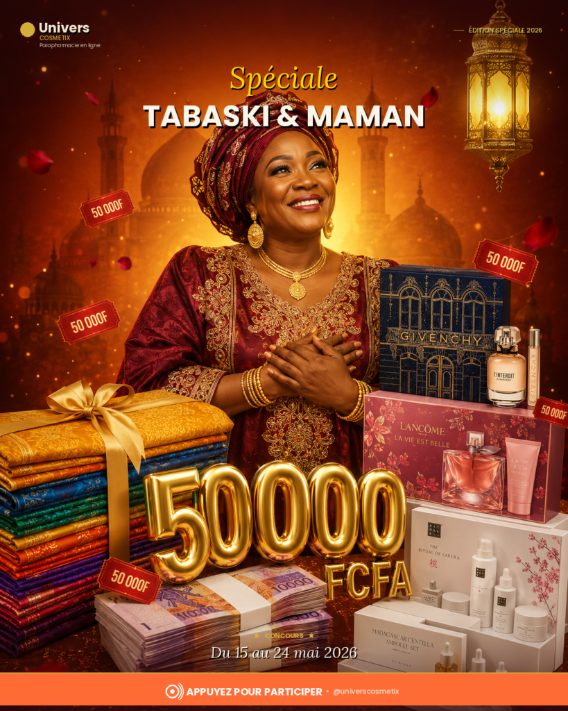 Une femme souriante en tenue traditionnelle se tient parmi des piles de tissus colorés et des boîtes cadeaux de luxe Univers Cosmetix étiquetées "Givenchy" et "Lancôme". Le texte en gras et en or indique "Spéciale Tabaski & Maman" et "50000 FCFA". Fond festif avec des lumières chaudes. Dakar