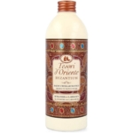Un flacon de crème de bain aromatique Tesori d'Oriente Byzantium avec une étiquette décorative présentant un motif de mosaïque et un bouchon marron. L'étiquette mentionne "Rose noire et Labdanum". Dakar
