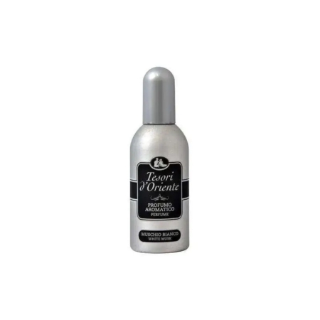 Un flacon argenté de Tesori d'Oriente Profumo Aromatico, étiqueté "Muschio Bianco White Musk", avec une étiquette noire et blanche et un bouchon argenté arrondi, est centré sur un fond blanc uni. Dakar