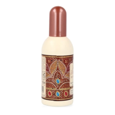 Flacon de couleur crème avec un bouchon marron, portant une étiquette décorative avec un motif de mosaïque en rouge, or et bleu, d'une contenance de 100 ml. Dakar